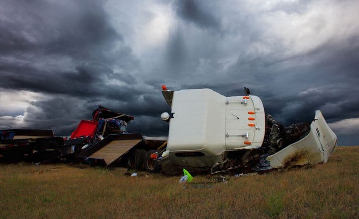 A photo of the wreckage of a white cargo truck on its side, with a stormy sky behind it.