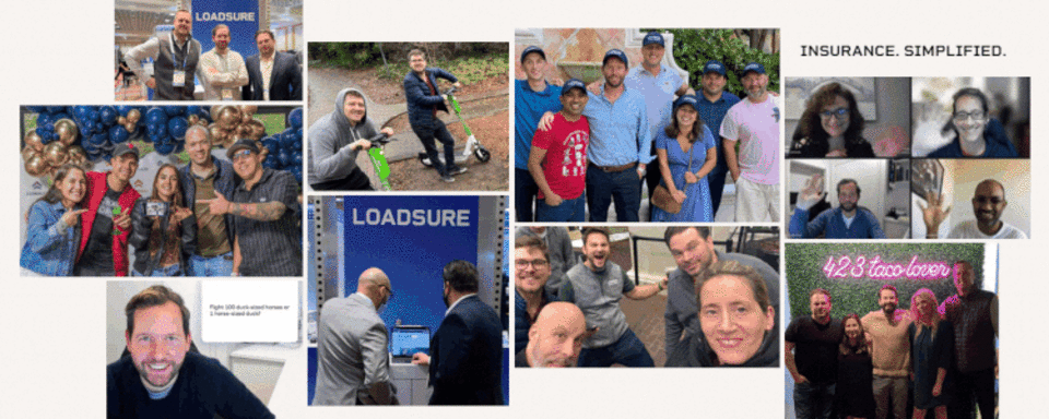 A collage of photos of the Loadsure team at various events and socials.