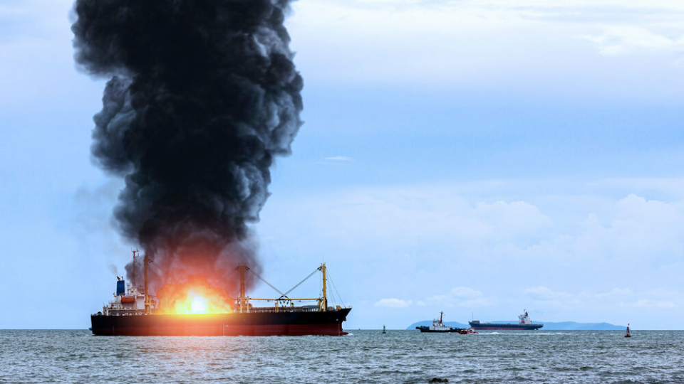 A photograph of a marine cargo ship at sea, which is on fire. Large plumes of black smoke are coming off it, and several boats can be seen in the background.