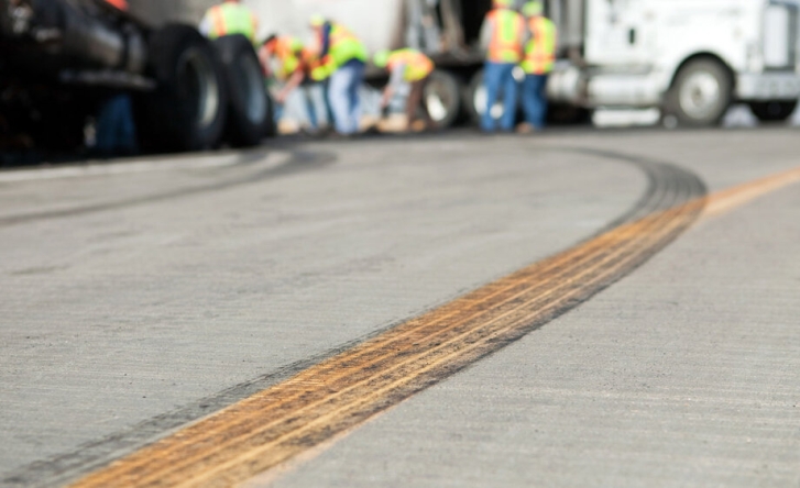 A close up shot of black tyre marks on grey concrete, with white trucks and people in high vis in the background.